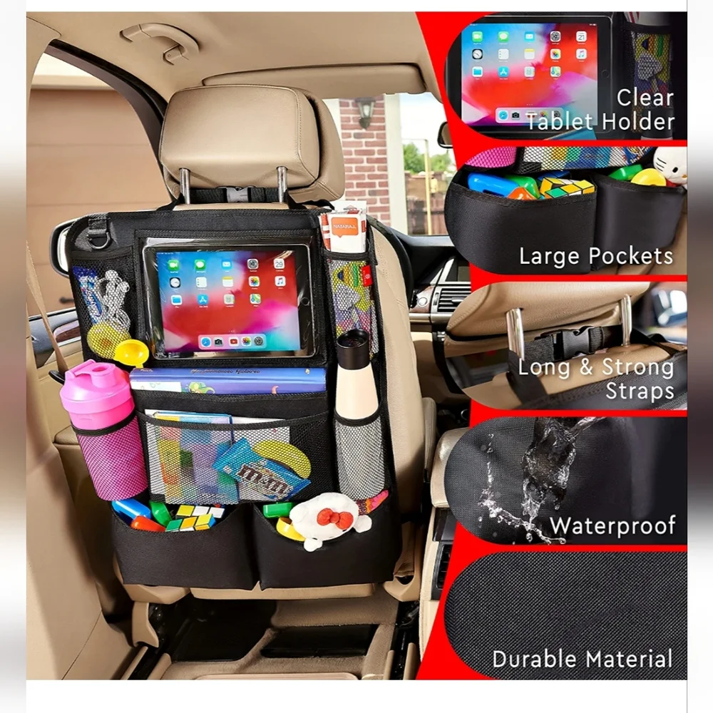 Black Backseat Car Organizer with Touch Screen Tablet Holder and lots of pockets